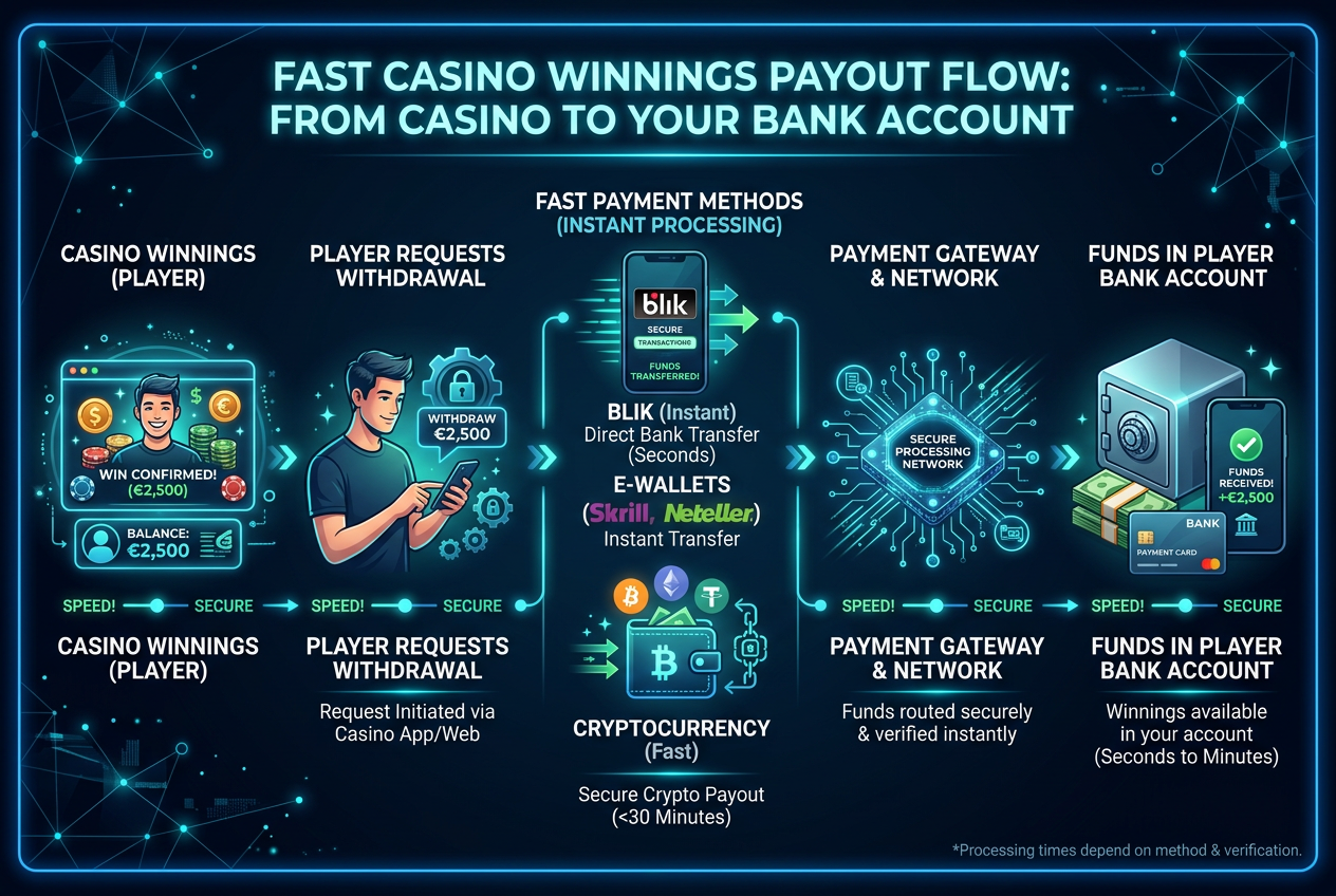 Profesjonalna infografika przedstawiająca przepływ pieniędzy z kasyna na konto gracza z ikonami szybkich płatności