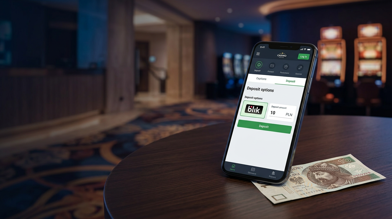 Banknot 10 zł i smartfon z aplikacją kasyna i logo BLIK na rozmytym tle sali kasynowej