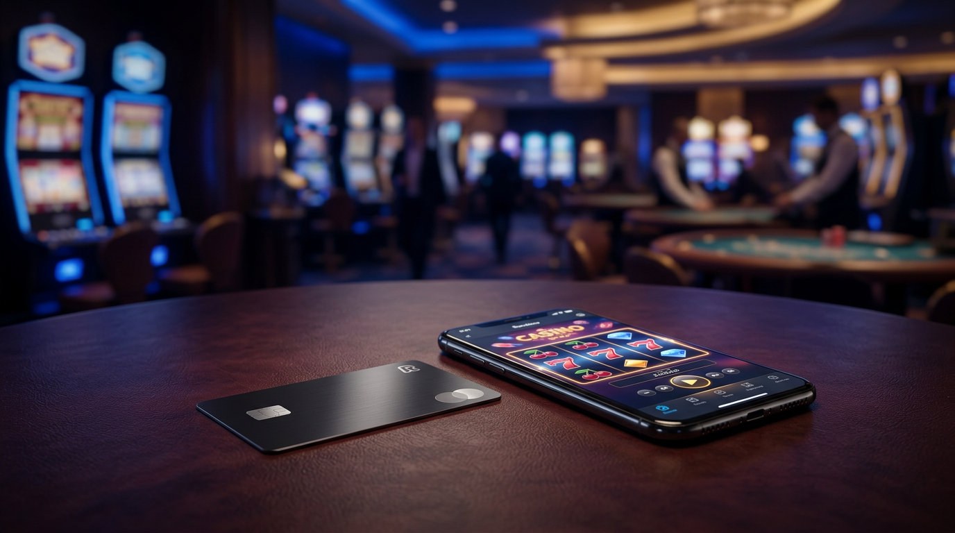 Karta Revolut i smartfon z aplikacją kasyna online na luksusowym tle