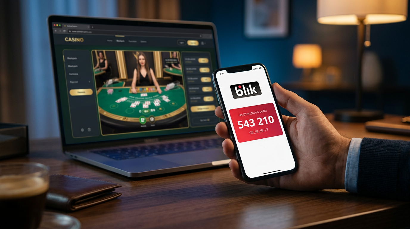 Smartfon z kodem BLIK na tle laptopa z interfejsem kasyna online