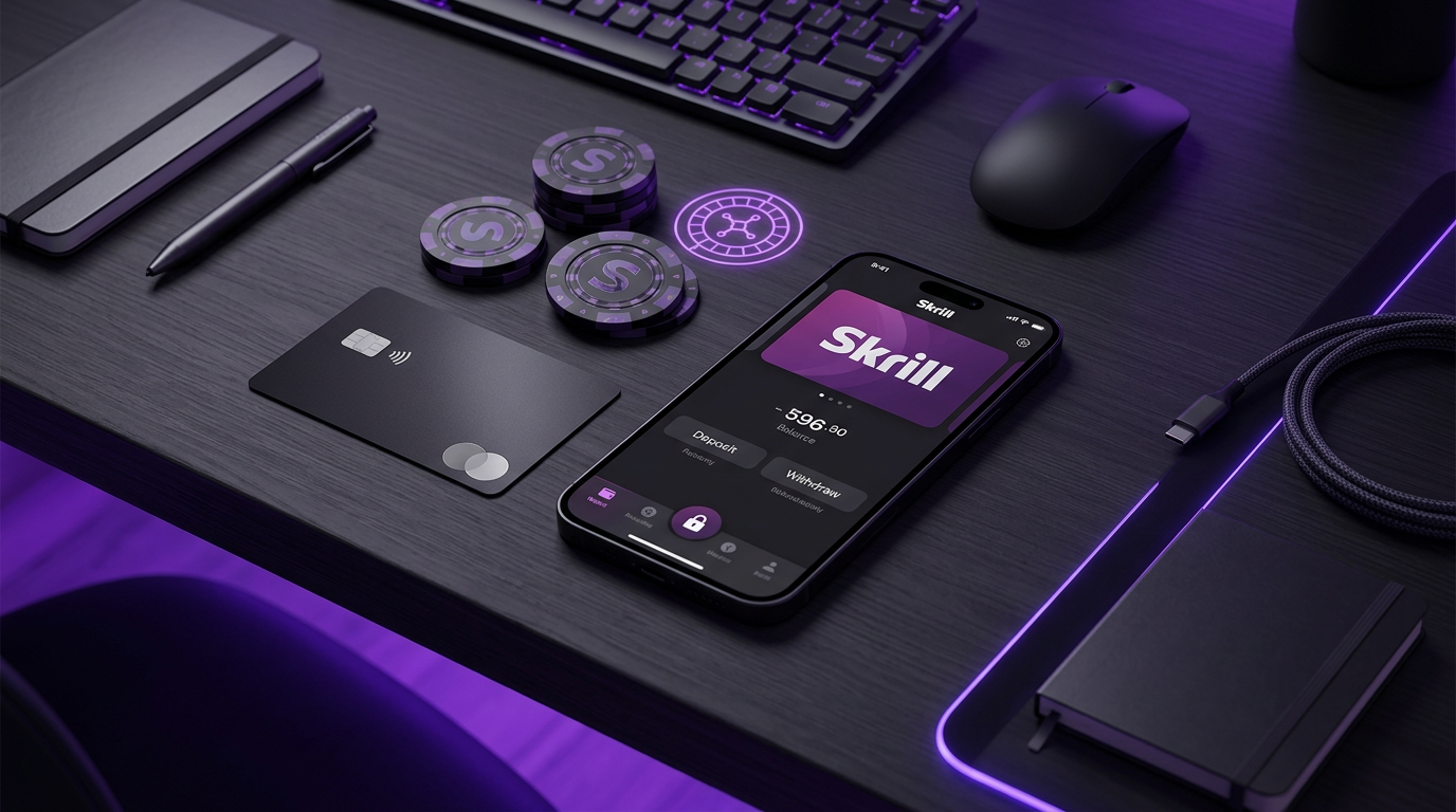 Nowoczesne stanowisko pracy z telefonem wyświetlającym portfel Skrill i akcentami kasynowymi