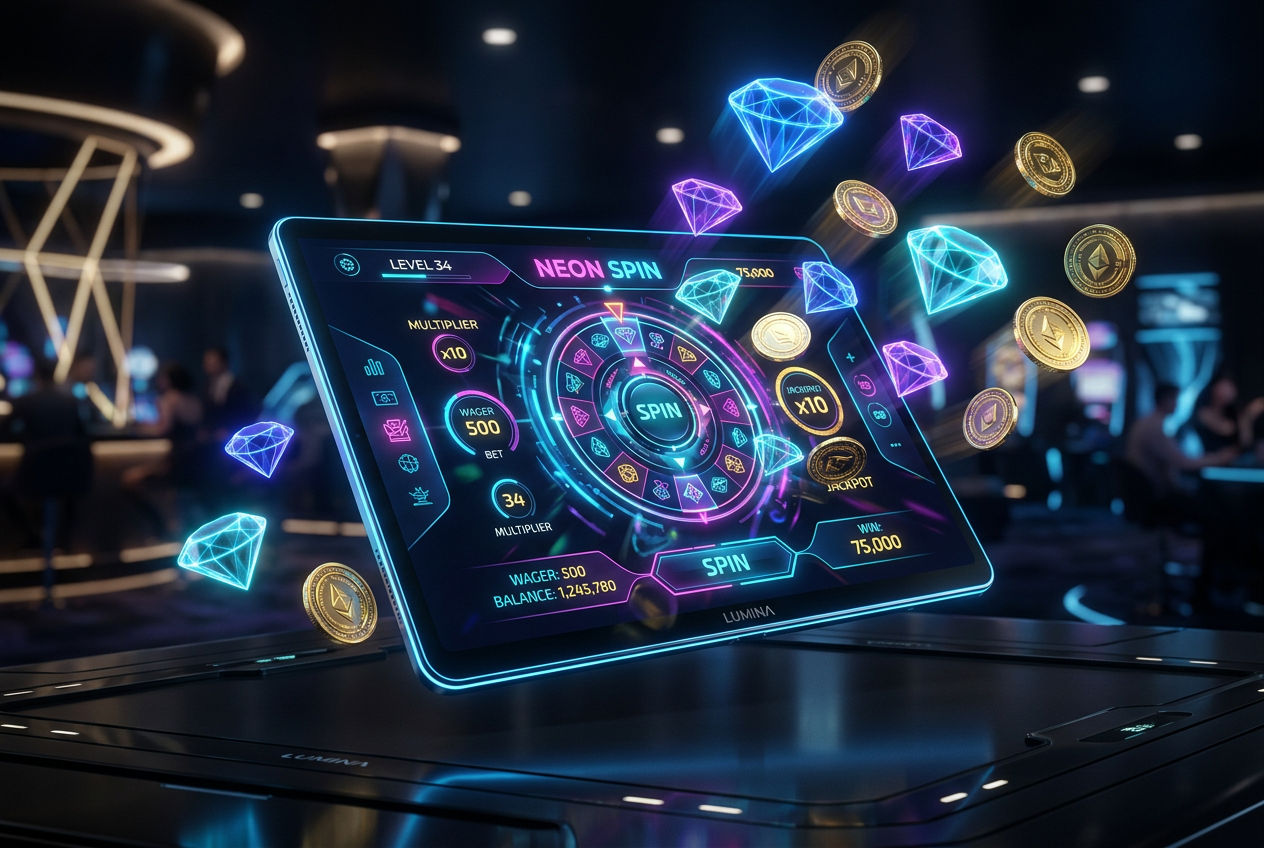 Nowoczesny interfejs gry w kasynie online i neonowe symbole