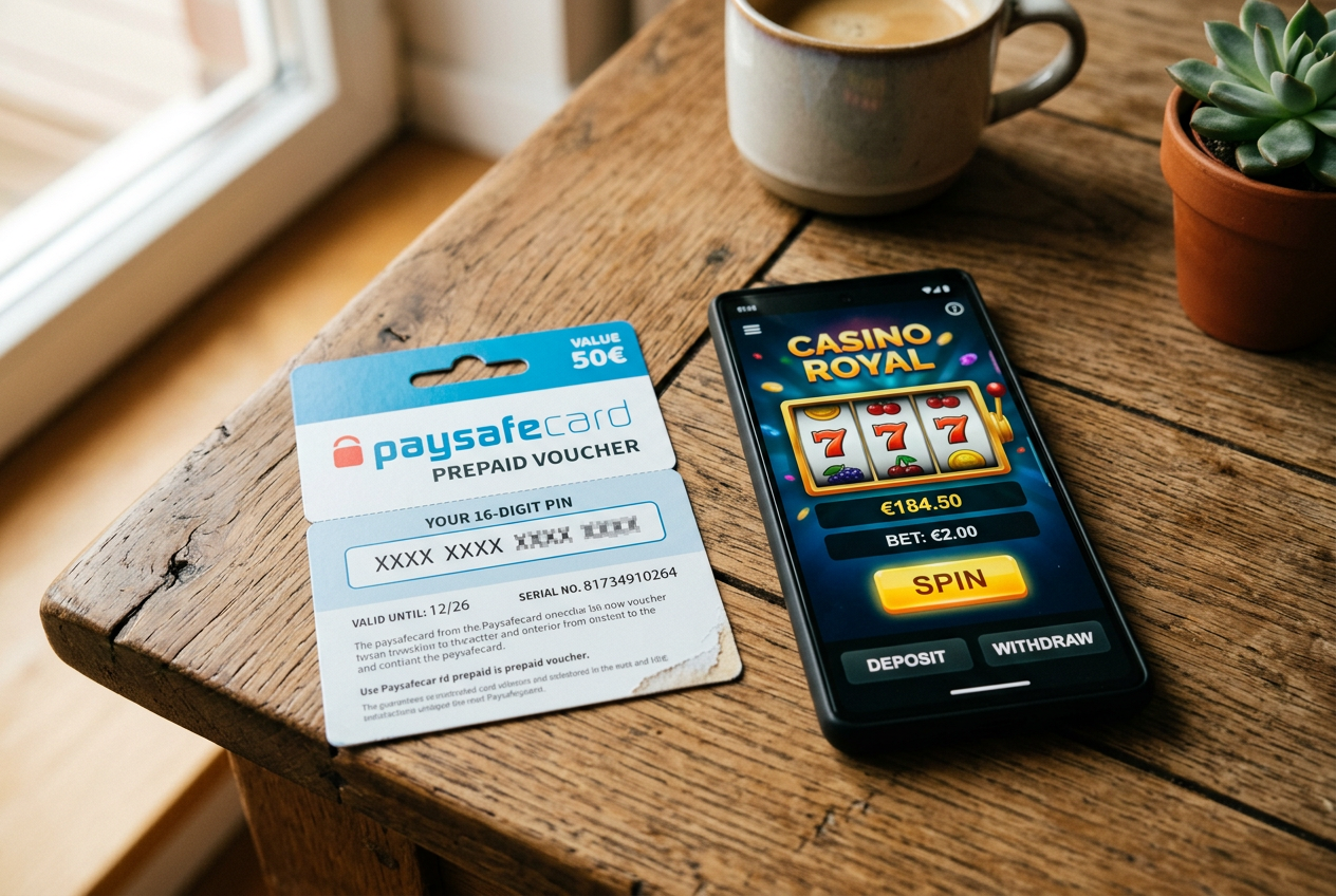 Zbliżenie na fizyczny kupon Paysafecard z kodem PIN leżący obok smartfona z aplikacją kasynową