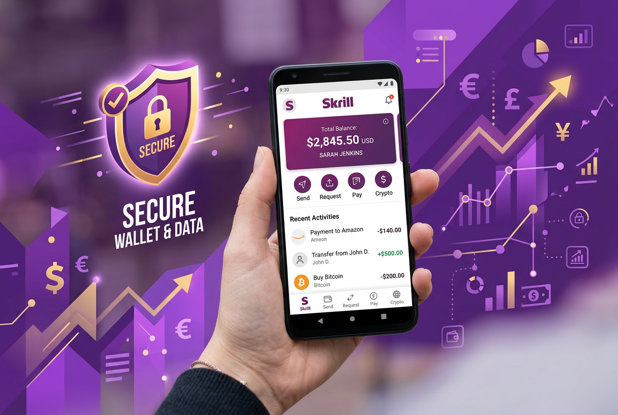 Nowoczesny portfel cyfrowy Skrill na telefonie z ikoną tarczy bezpieczeństwa